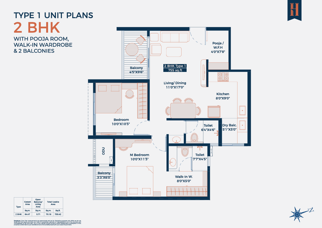 Large 3 BHK Floor Plan - 667 Sq. Ft.