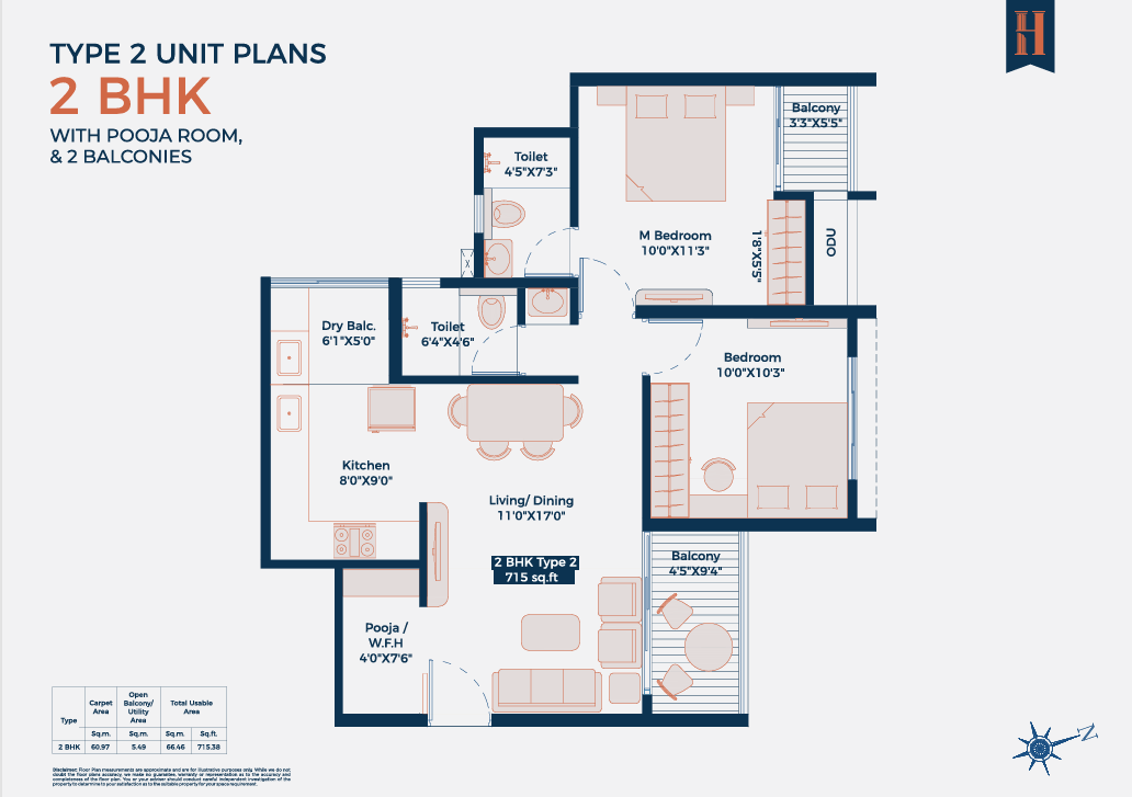 Luxe 3 BHK Floor Plan - 694 Sq. Ft.